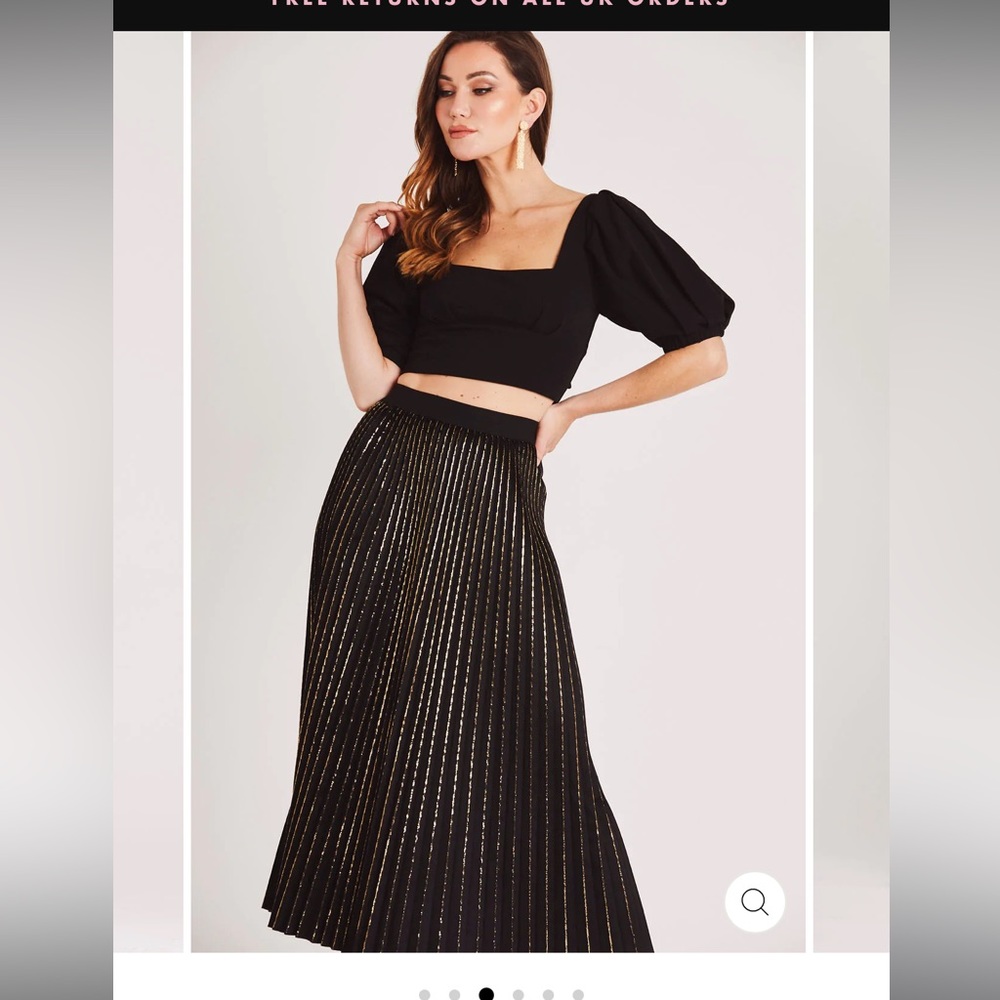 Skirt & Stiletto BLACK PLEATED VELVET MIDI SKIRT WITH GOLD DETAIL M
